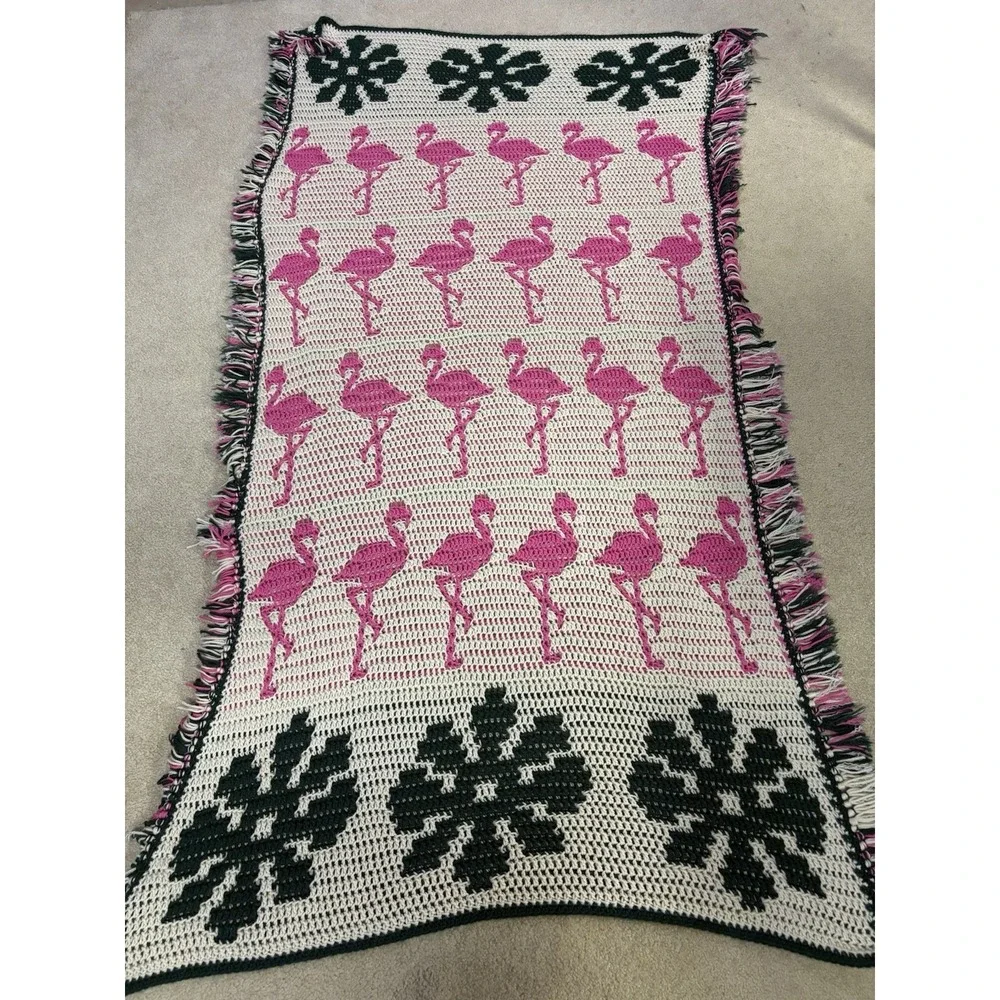 handmade crochet afghan blanket W/flamingo & monstera leaf border